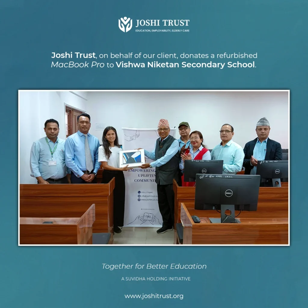 macbook donation to Vishwa Niketan School by Joshi Trust